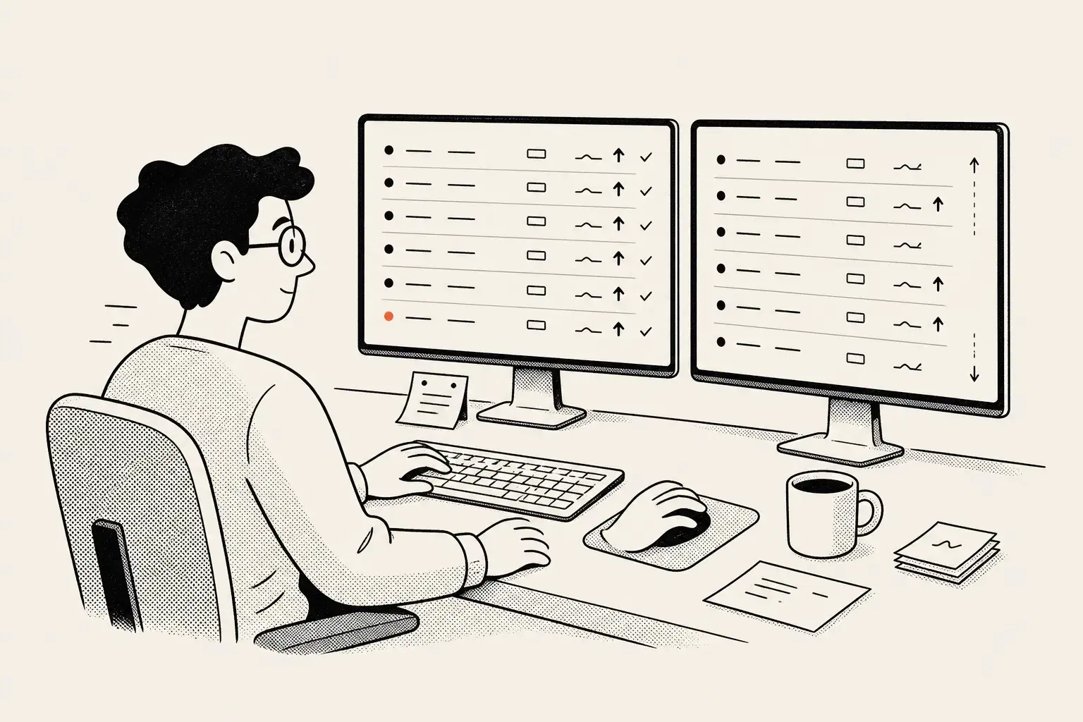 Affiliate rank tracking illustration showing a focused man in glasses at a dual-monitor setup watching a bulk grid of keyword rows tick upward