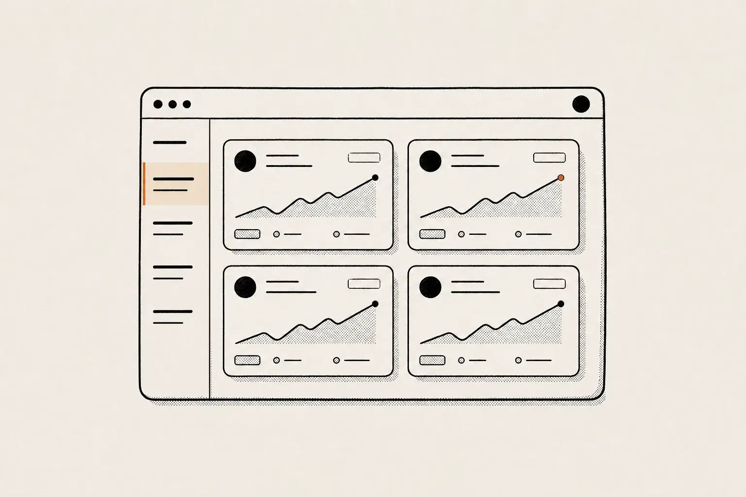 Agency rank tracking illustration: a client project switcher beside four report cards with separate rank lines in one owned dashboard.
