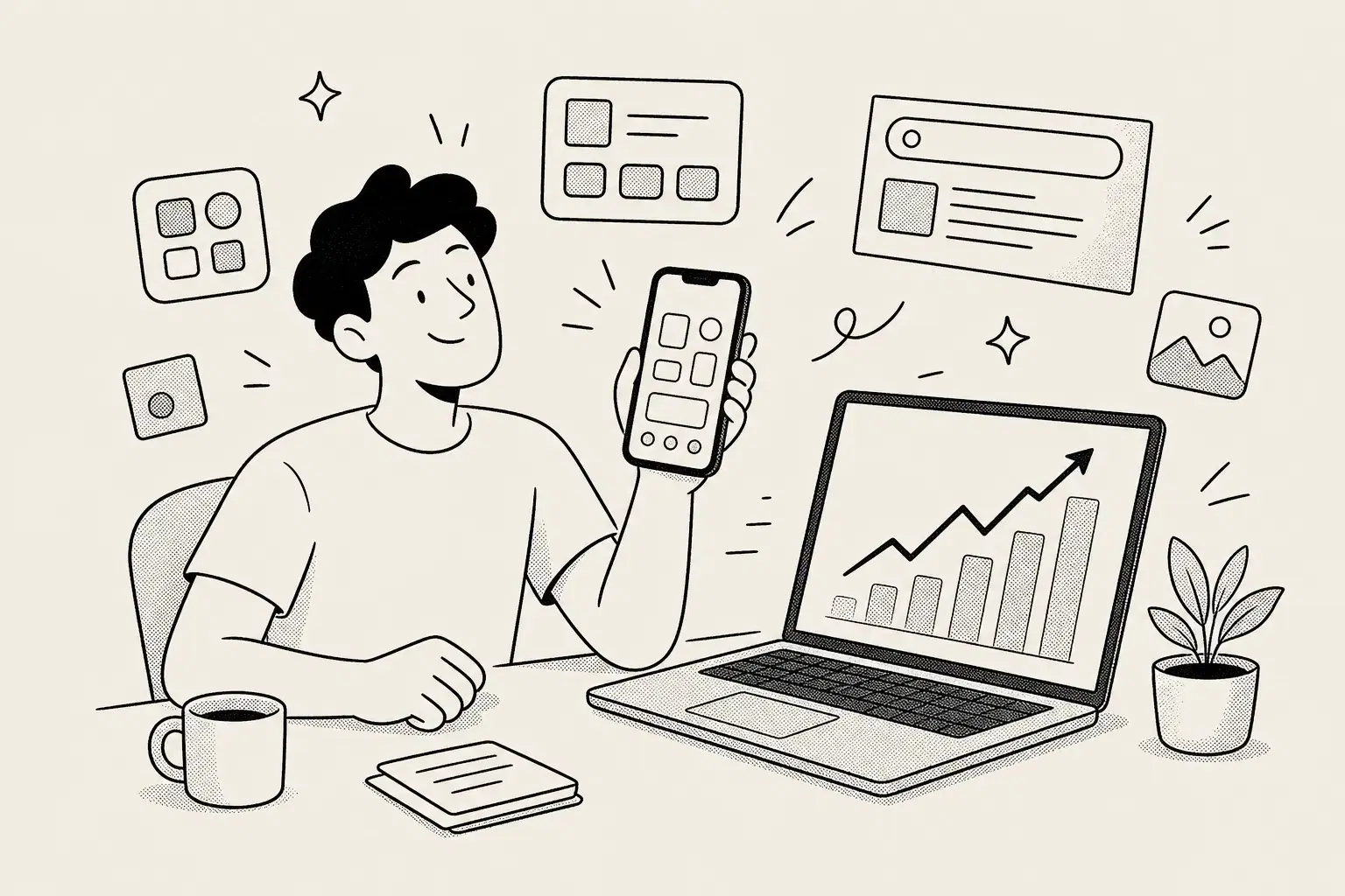 App marketing site rank tracking on Google, illustrated by a young app maker holding up a phone while a marketing-site rank line climbs on a laptop beside them