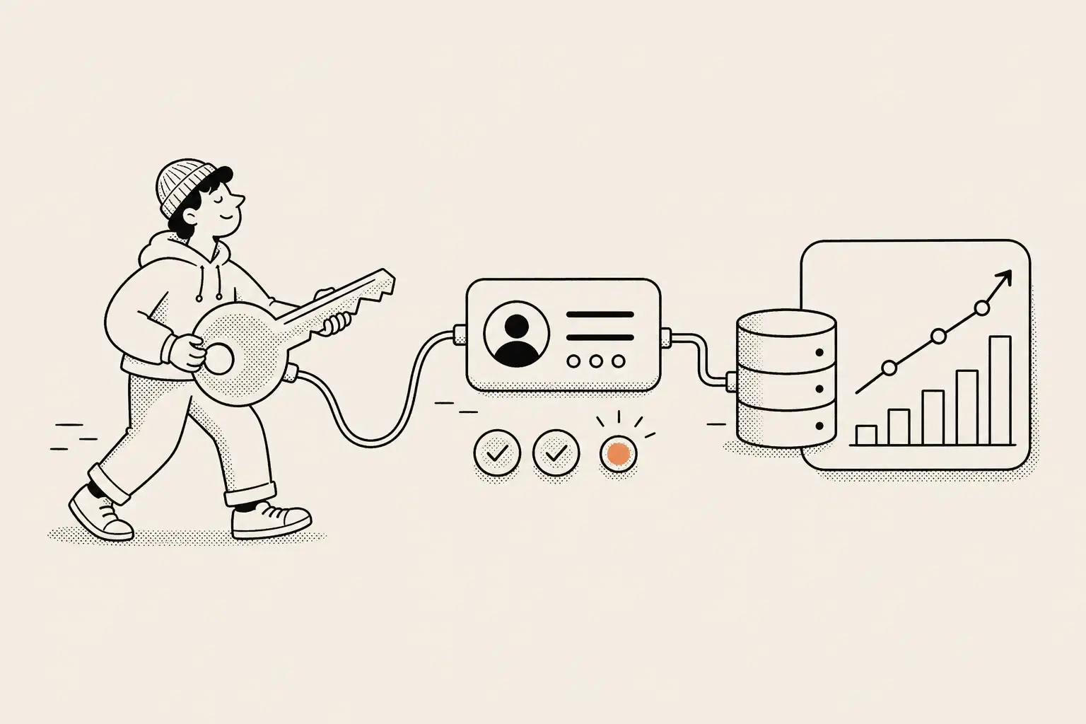 Bring-your-own-keys rank tracking illustration: a growth dashboard showing check volume, provider spend, and rising ranks.