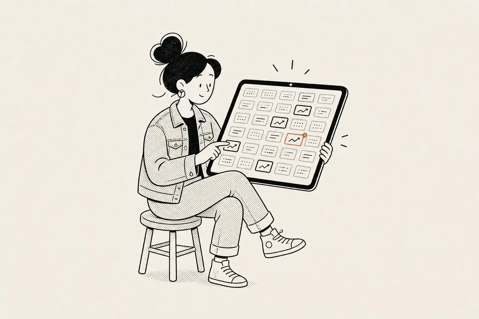 Ecommerce keyword rank tracking at catalog scale, illustrated as a woman in a denim jacket scrolling a tablet of thousands of keyword cards with a few rising