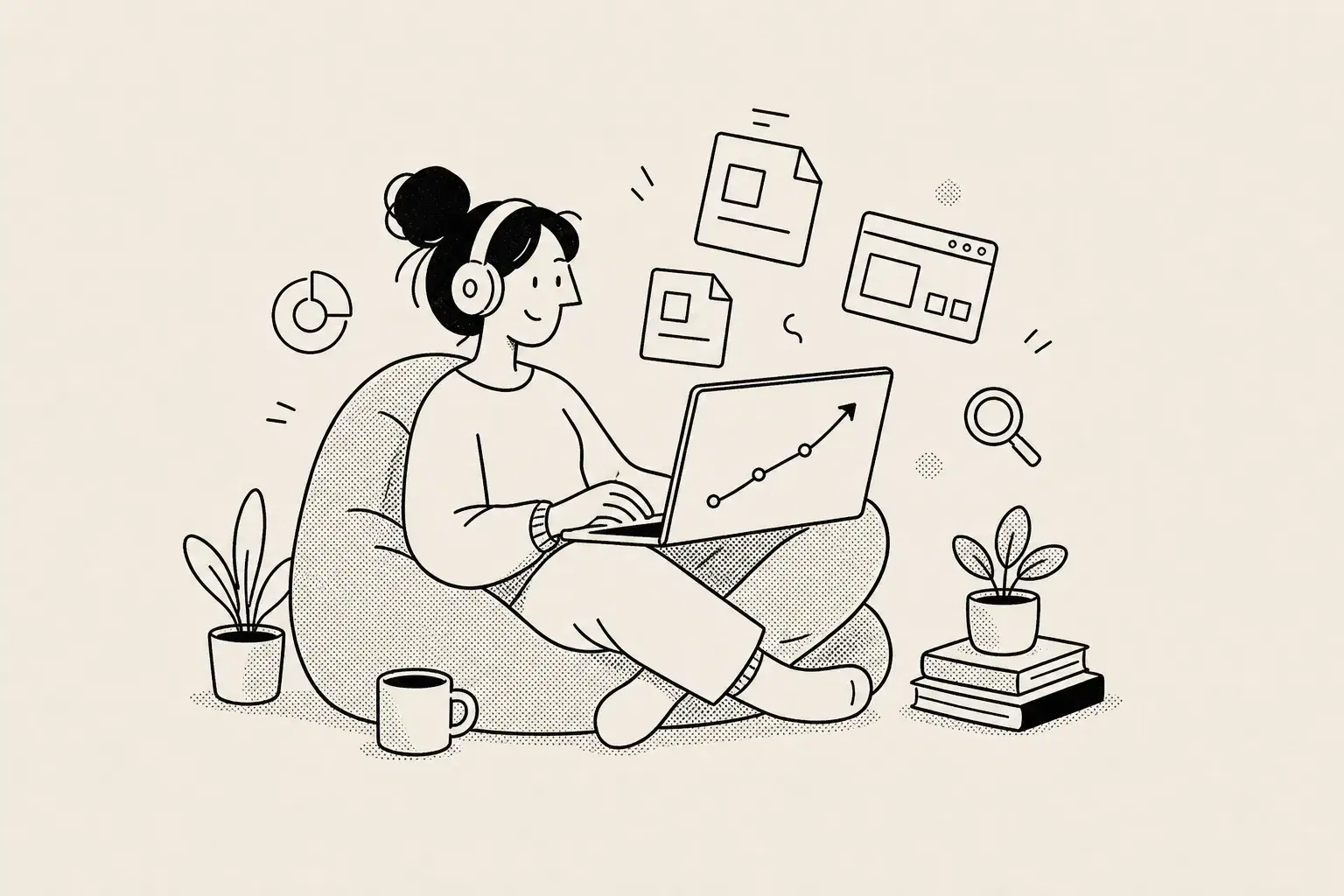 Rank tracker for SEO consultants illustration: a young woman with headphones sits cross-legged on a beanbag, laptop open to a single rising rank line.