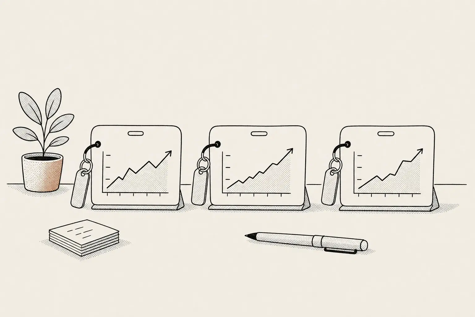 Direct-booking rank tracking across properties and devices: a row of three hotel-key-card screens on a desk, each showing its own climbing chart.