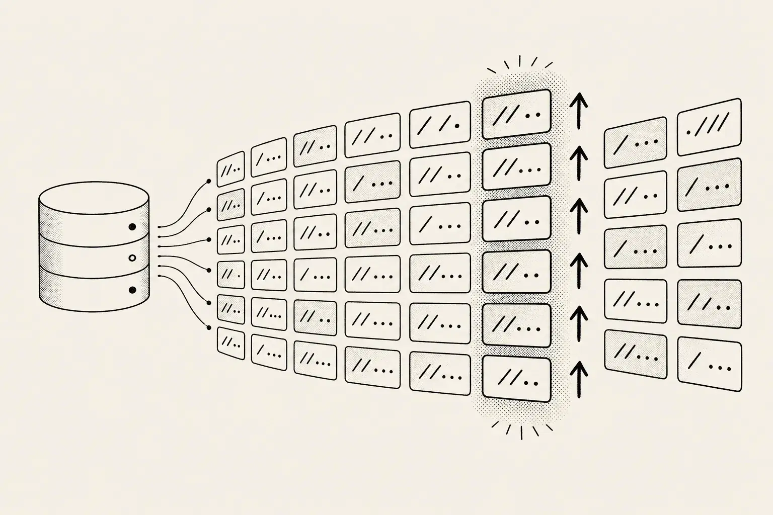 Marketplace SEO rank tracking by URL pattern, shown as a wall of repeating template tiles fanning from a database cylinder with one winning column lit by upward arrows