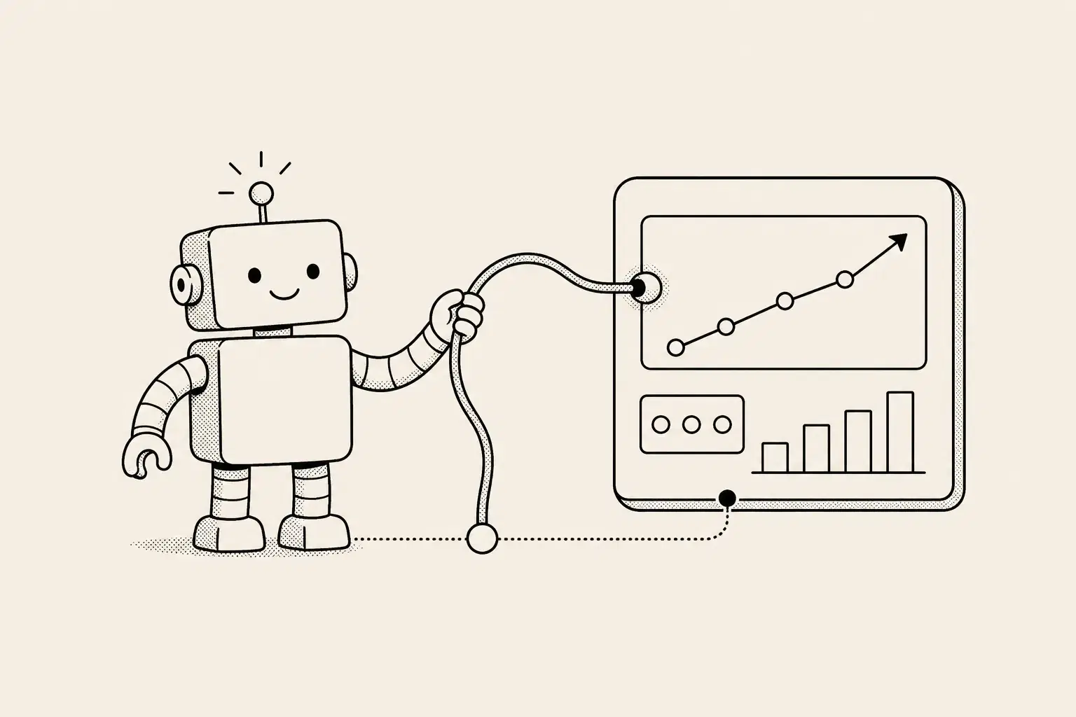 MCP SEO rank tracker for AI agents, illustrated as a friendly boxy robot reaching a single antenna-cable into a rank dashboard card along a clean node line