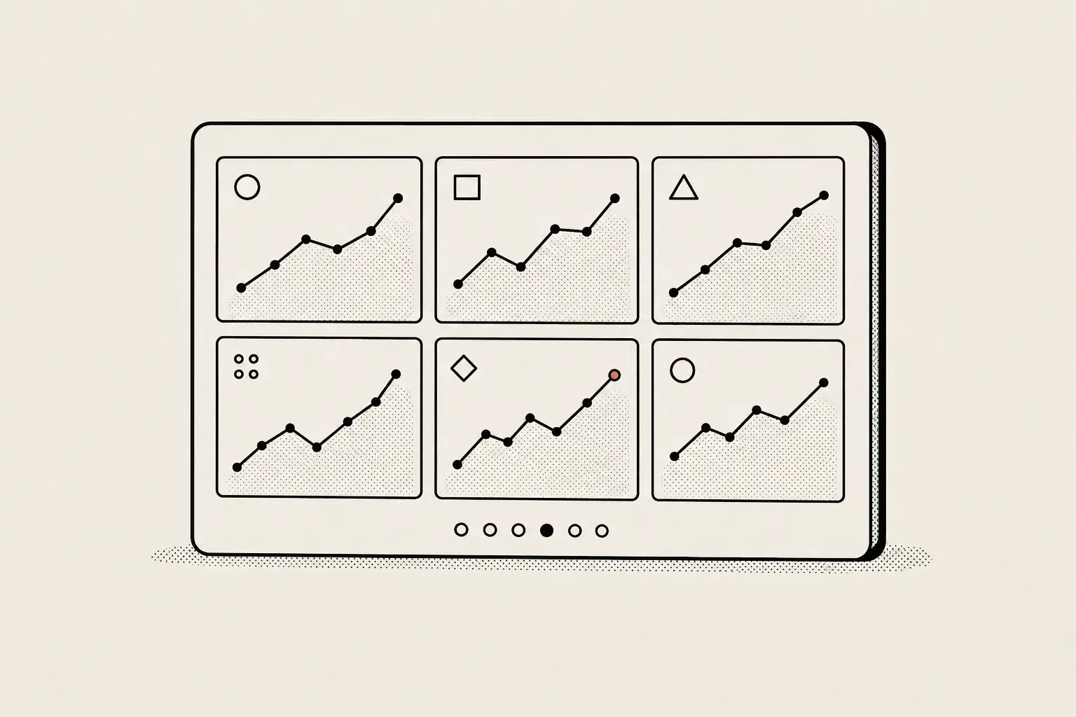 Multi-domain rank tracking in one dashboard, illustrated as a single screen split into brand-domain panels each running its own climbing line