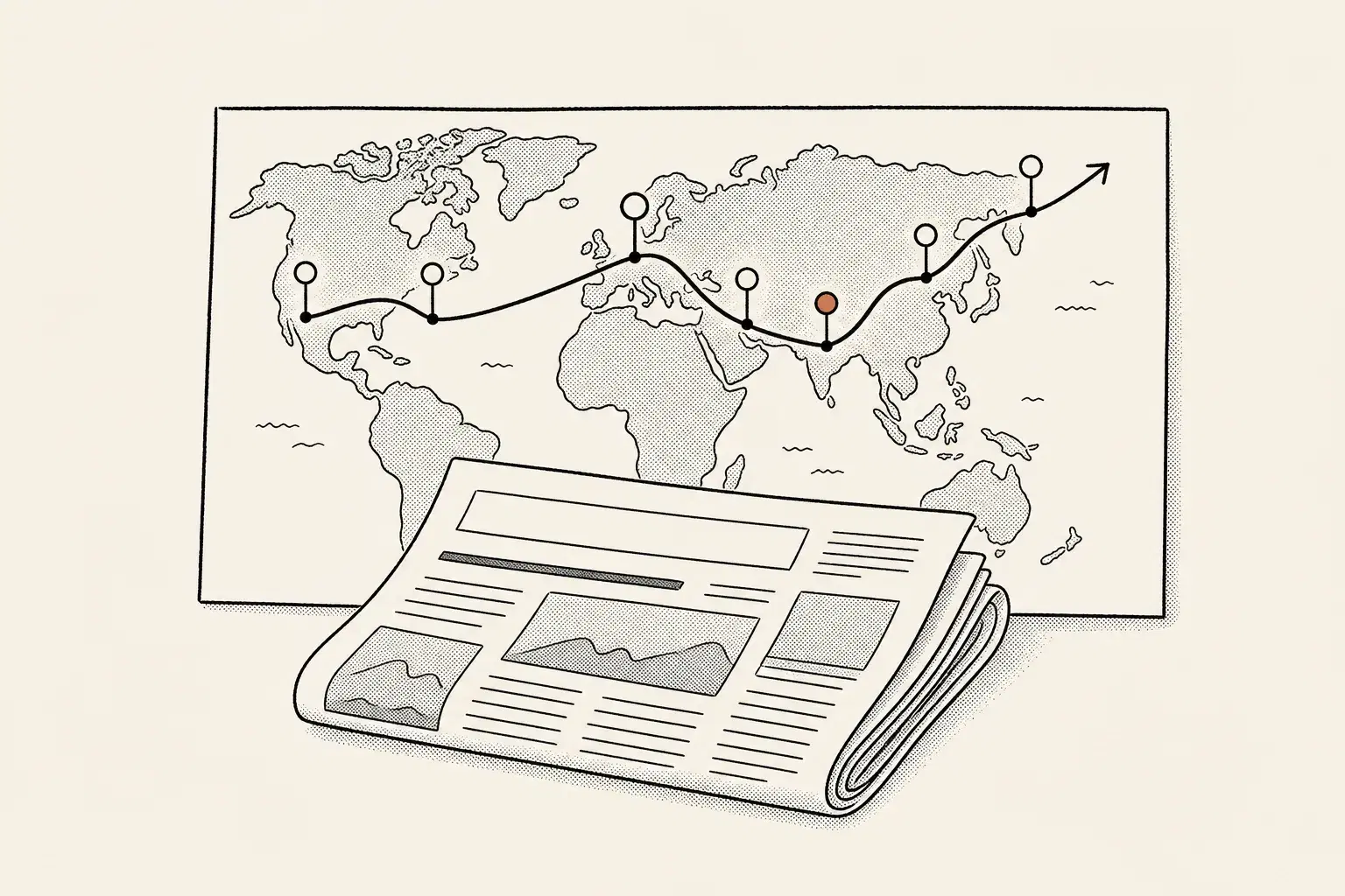 News publisher rank tracking illustration showing a folded newspaper before a world map dotted with country-edition pins and a long rank line threading between them