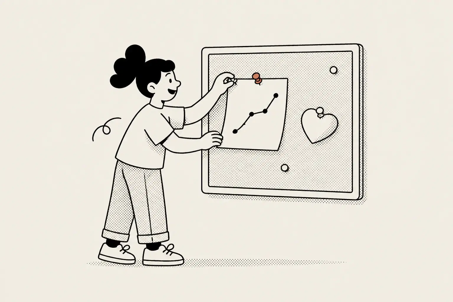 Budget-friendly rank tracking for nonprofits, illustrated as a volunteer pinning a climbing-line report card to a corkboard beside a heart icon