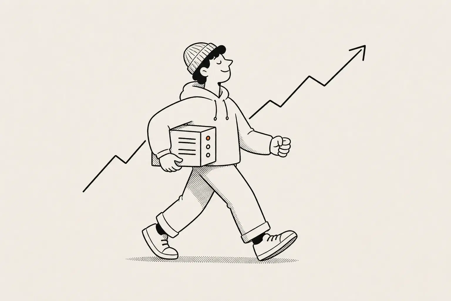 Open-source SEO tools stack illustration: a developer carrying a small server while rank history flows into connected tools.