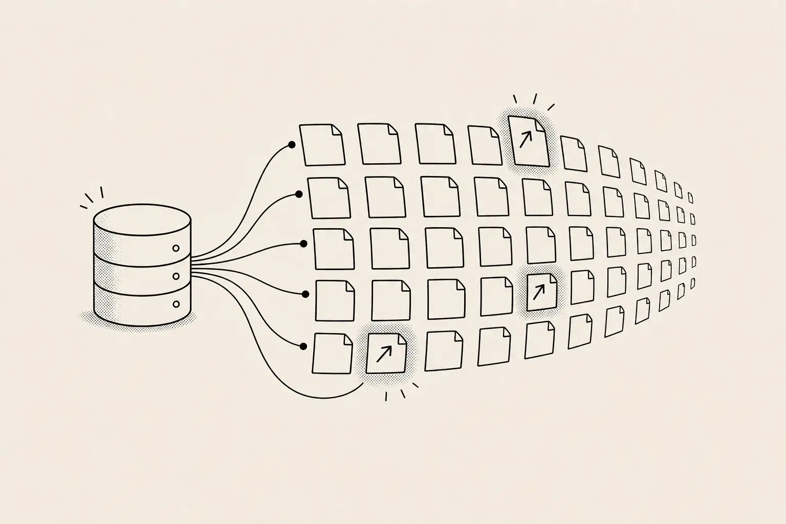 Programmatic SEO rank tracking from your database, illustrated as a database cylinder feeding a fanned grid of identical page tiles, a few glowing with upward arrows