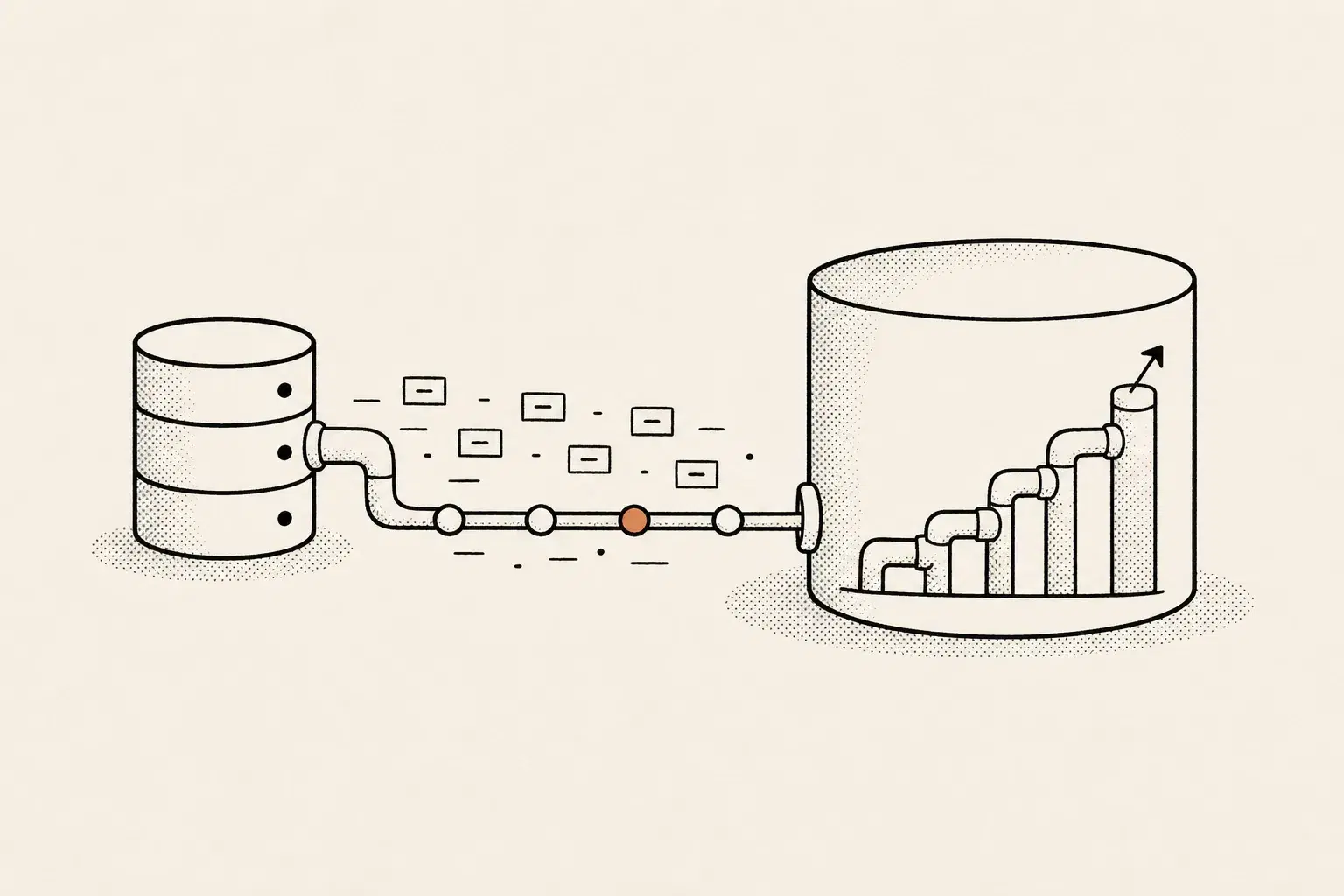 RevOps keyword rank data warehouse export, illustrated as a database cylinder piping rank along a node line into a larger warehouse cylinder joining a climbing pipeline bar