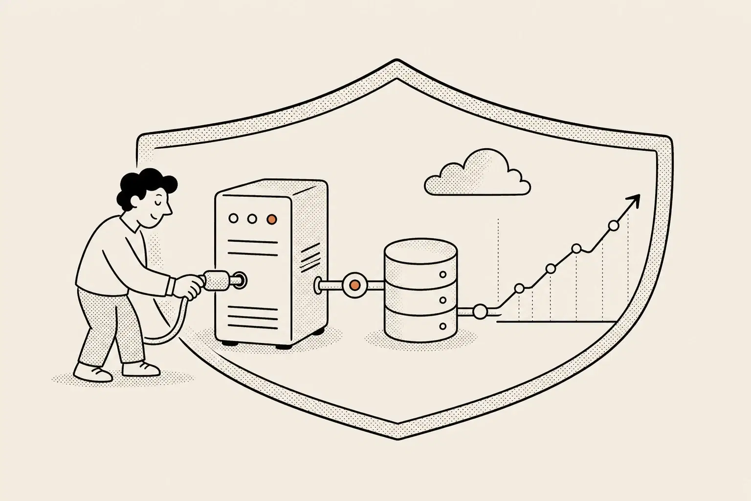 Self-hosted rank tracker illustration: a server behind a shield containing rank history and a rising position line.
