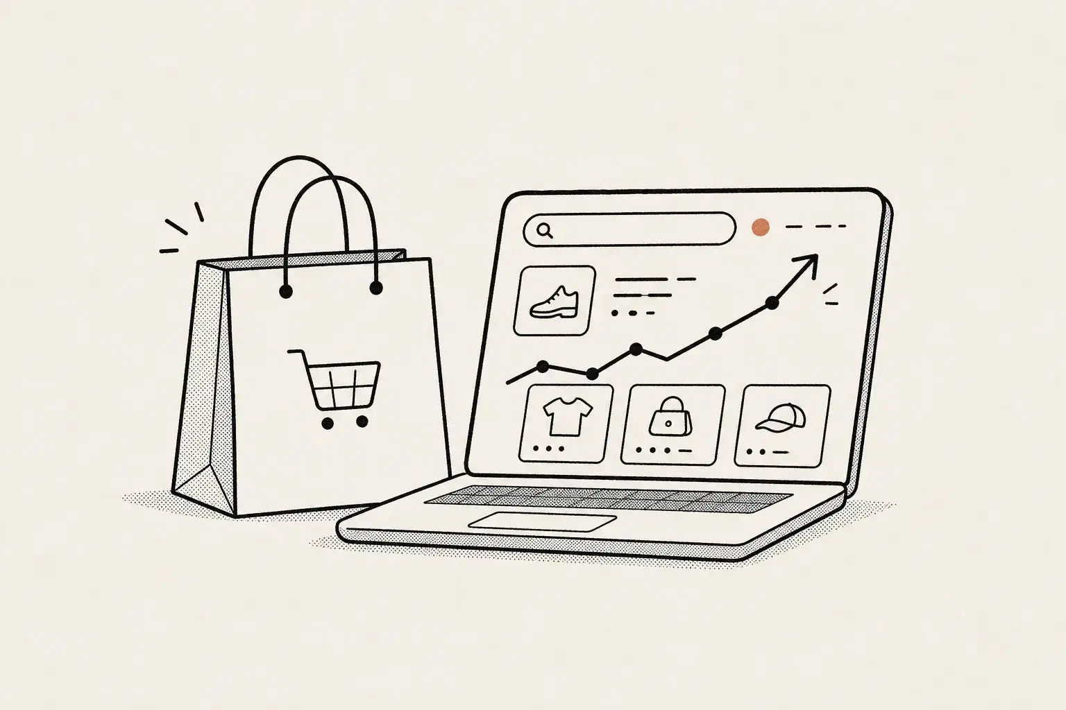 Shopify rank tracking illustration showing a shopping bag beside a laptop whose screen displays a product keyword rising up a rank line