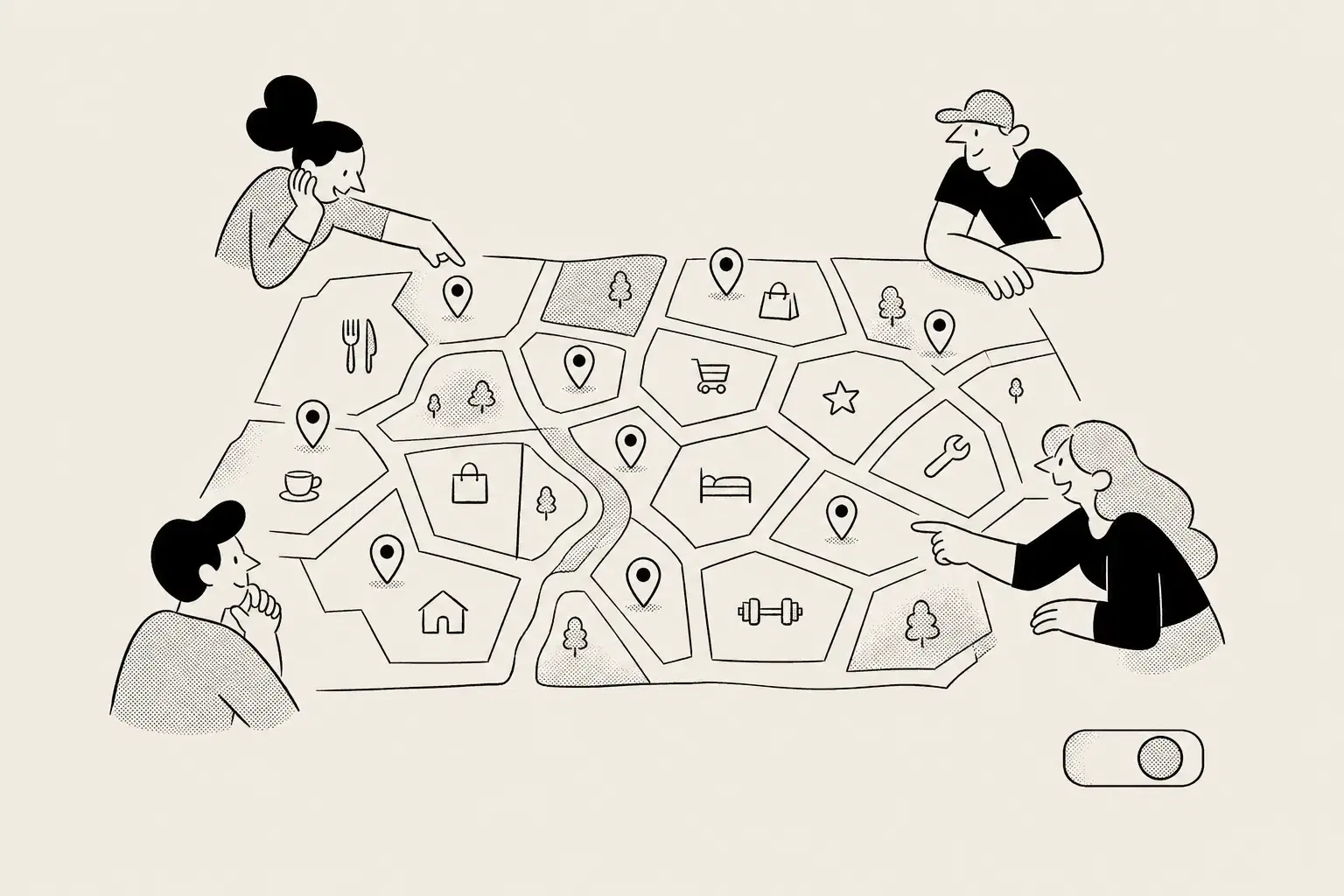 Directory rank tracking for category-plus-location pages by city and device, drawn as a city map split into tiles with scattered location pins and a small device toggle