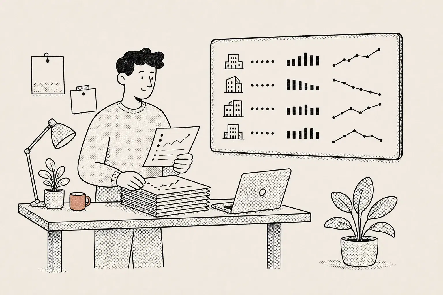 Law firm rank tracking across offices and practice areas, illustrated by a man at a standing desk reviewing report cards beside a wall screen of per-office ranks