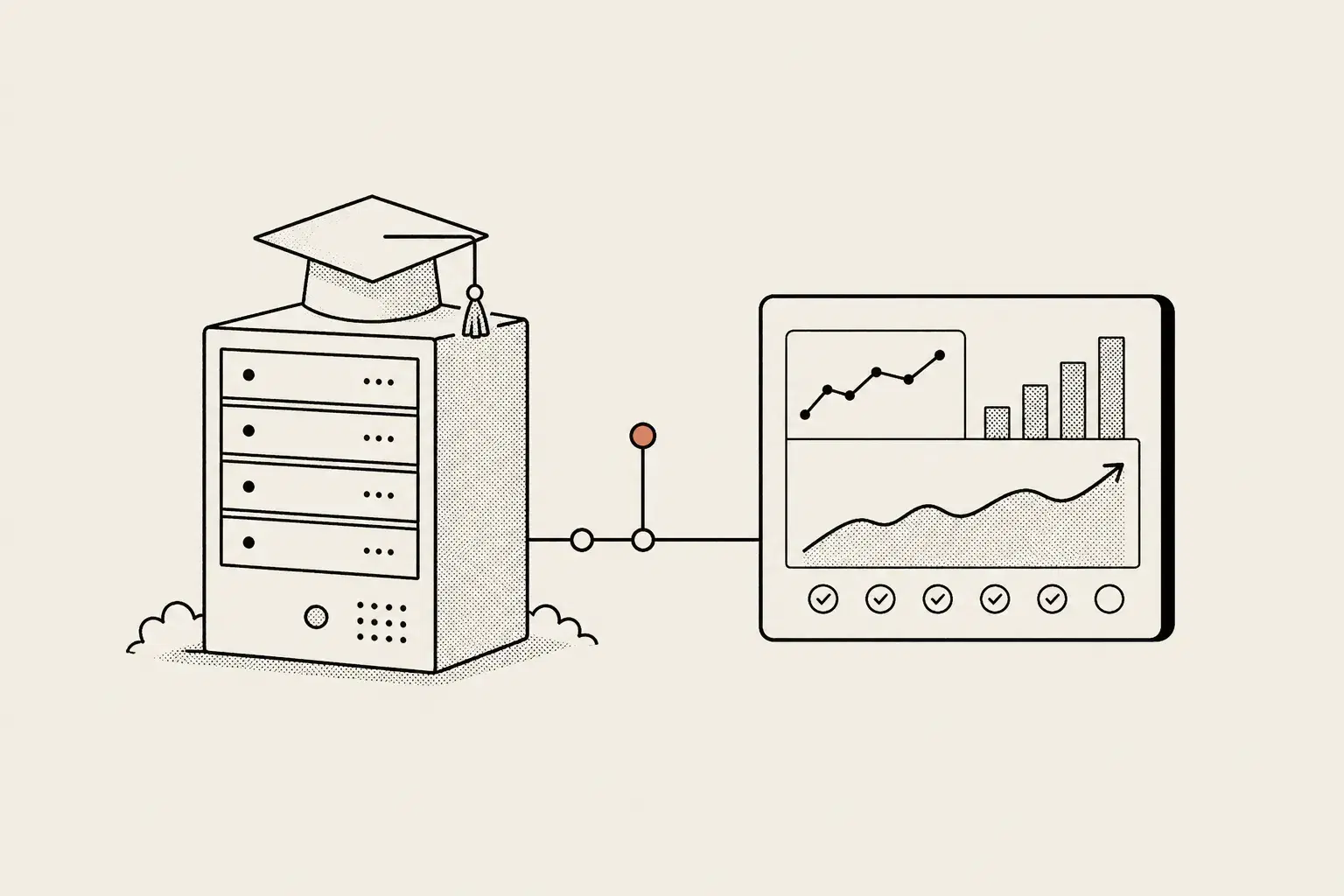 Self-hosted university SEO rank tracking, illustrated as a server unit topped with a graduation cap wired to a rank dashboard screen