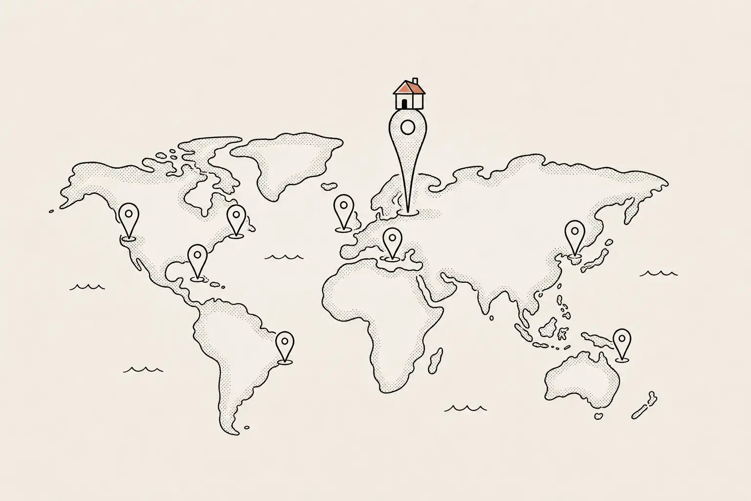 Vacation rental SEO rank by location illustration: a world map dotted with location pins over coastal cities, a tiny house icon on the tallest pin.